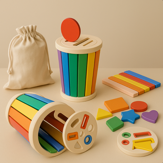 Colorful wooden educational toys on a beige surface with a white drawstring bag.