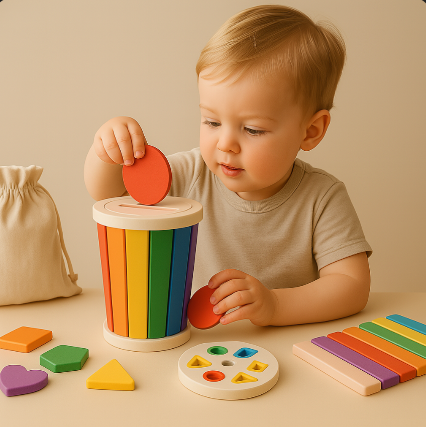Child playing with a colorful educational toy on a beige surface