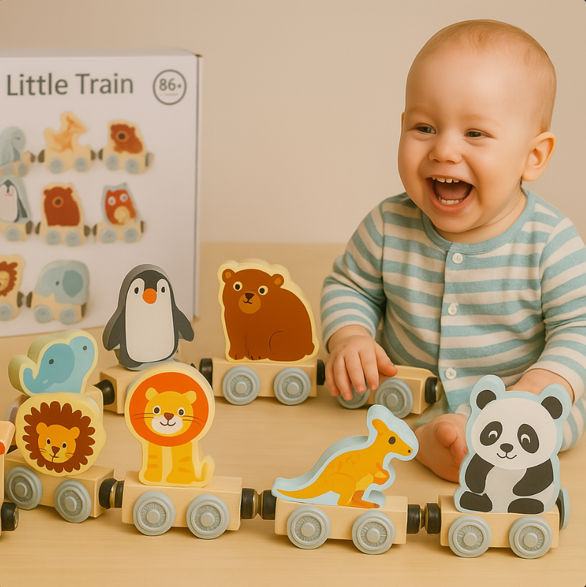 Child playing with a wooden toy train set featuring animal figures on a beige surface.