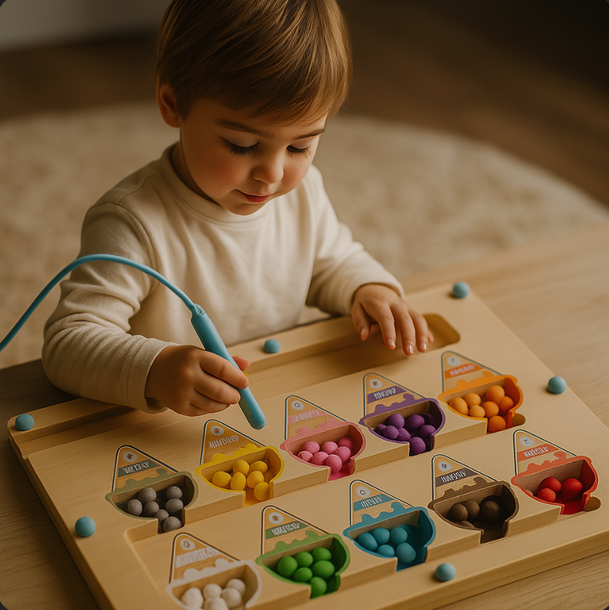 Child playing with a colorful educational toy on a wooden surface.