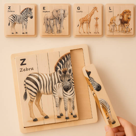 Wooden puzzle with zebra and educational cards on a light background