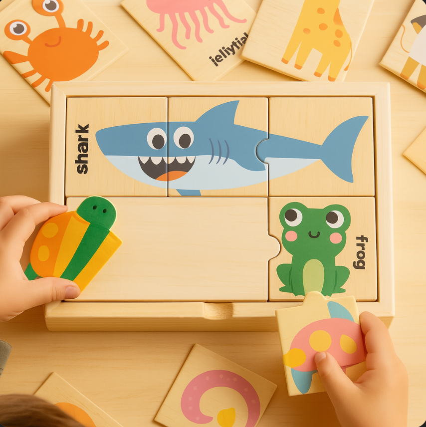 Children playing with a wooden puzzle featuring animal illustrations on a wooden surface.