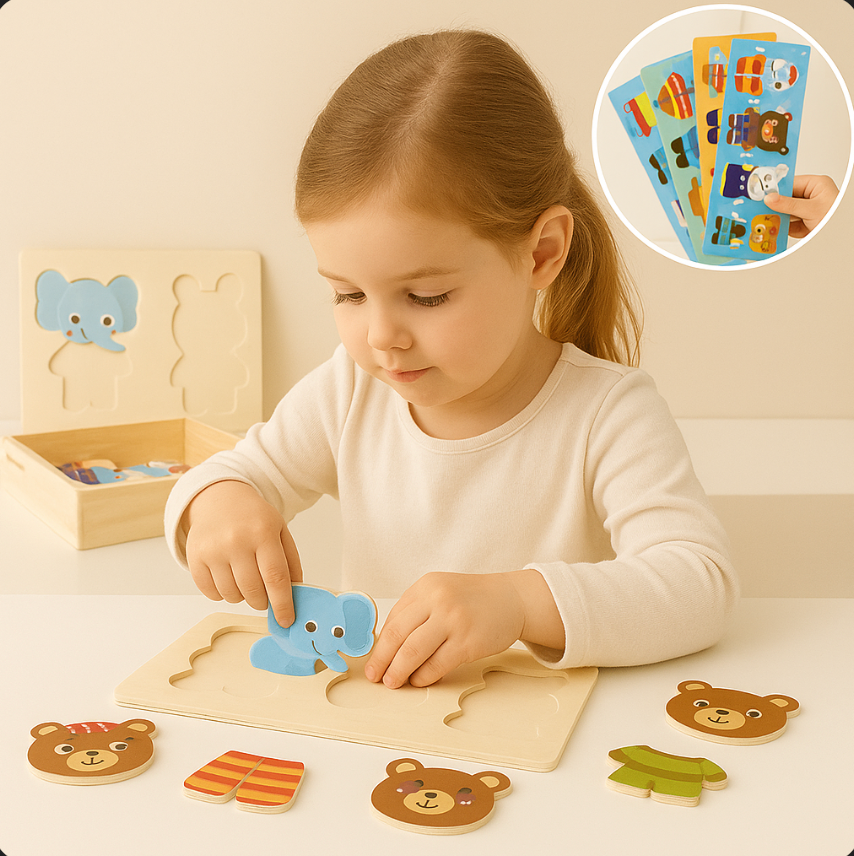 Child playing with a wooden puzzle featuring animal figures on a light background.