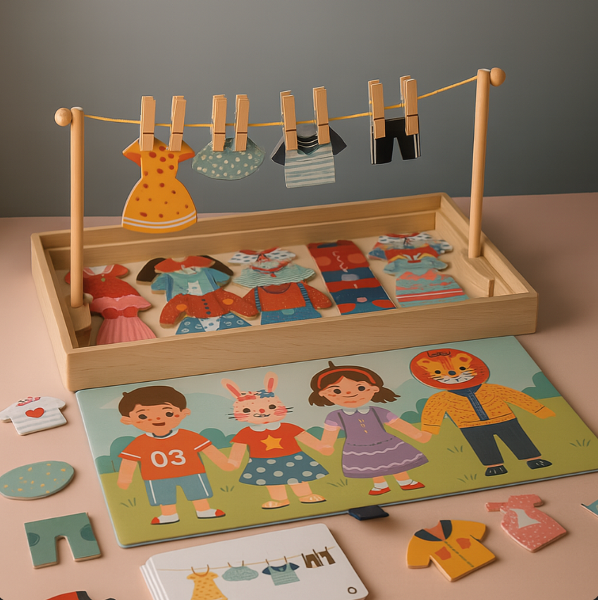 Wooden puzzle with clothing pieces and pegs on a stand, on a neutral background