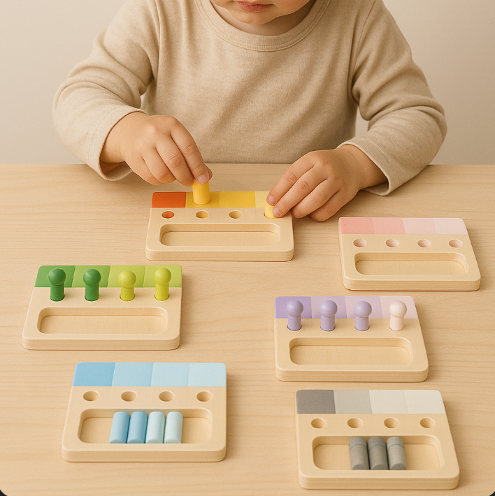 Child playing with a set of wooden educational toys on a table.