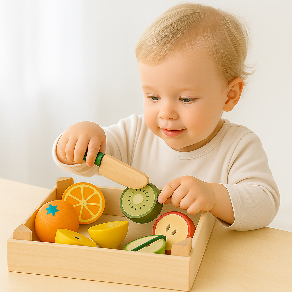 Child playing with a wooden toy fruit set on a light surface.