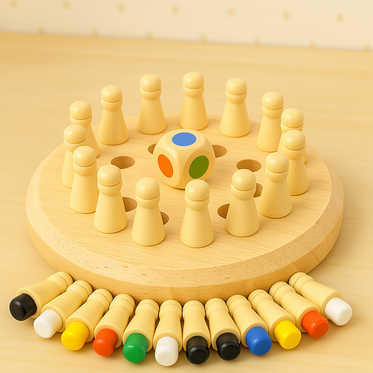 Wooden game set with pegs and a dice on a wooden board