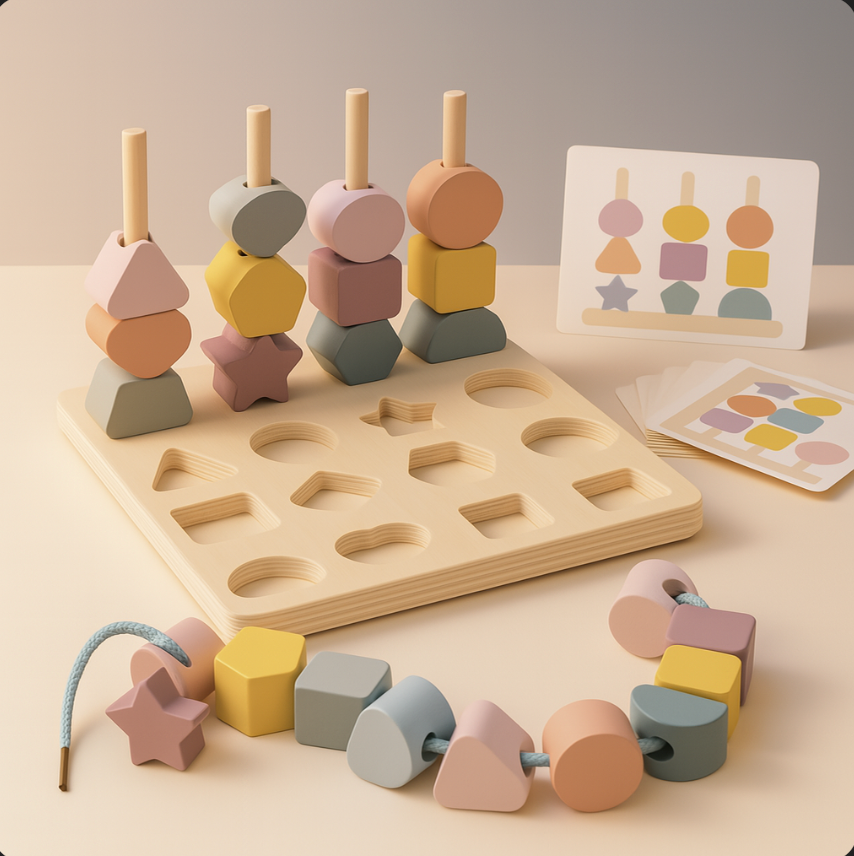 Wooden shape sorting toys with colorful blocks on a light surface