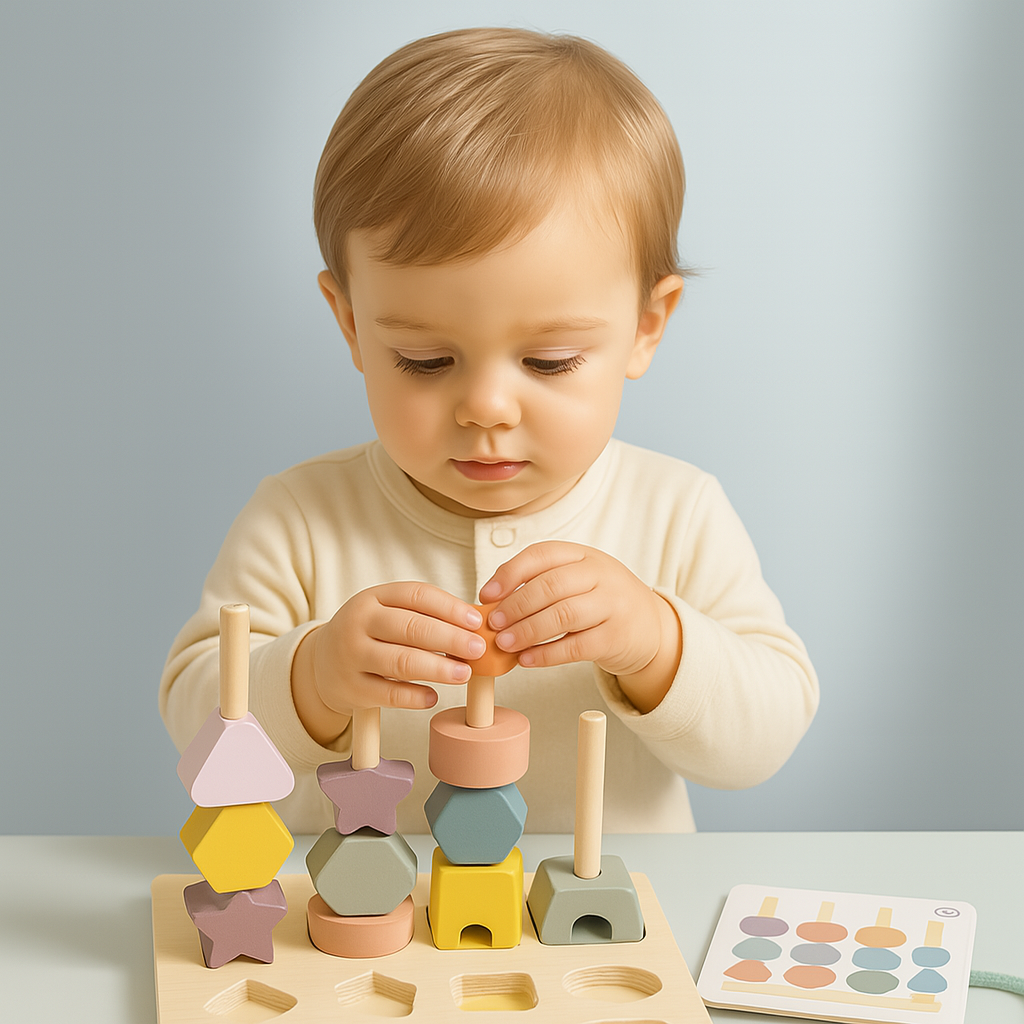 Child playing with a wooden shape sorter toy against a plain background