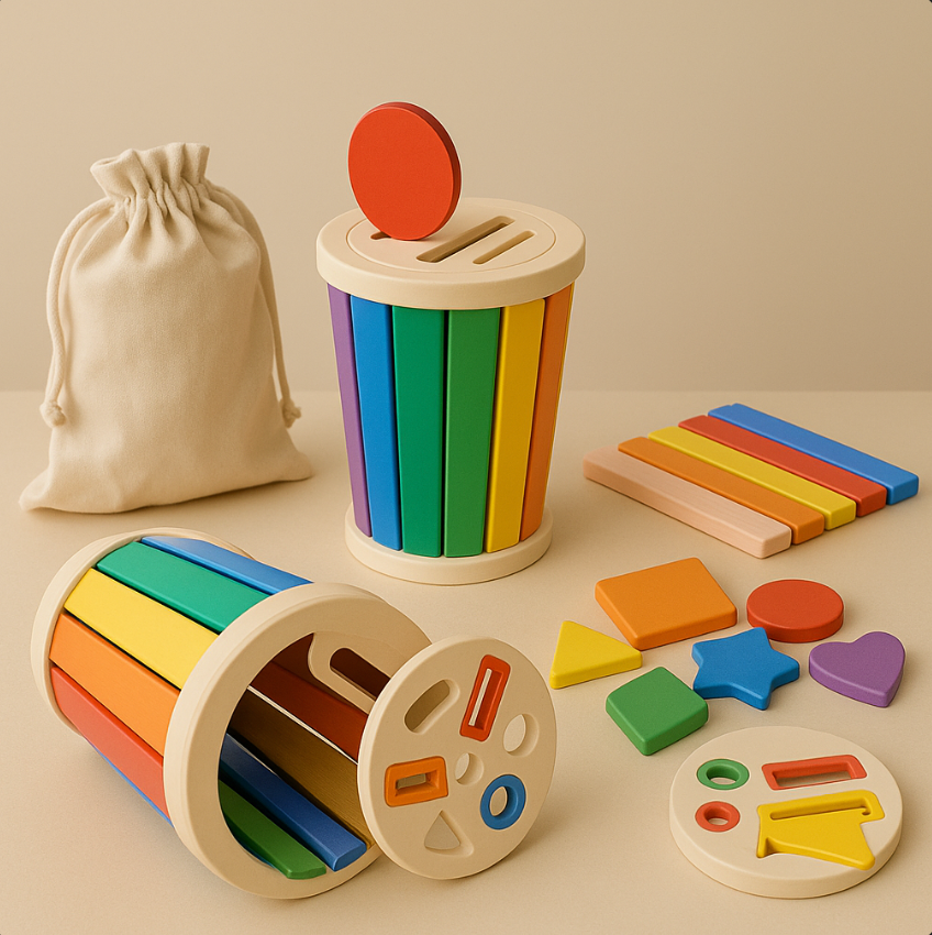 Colorful wooden educational toys on a beige surface with a white drawstring bag.