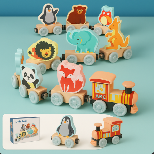 Set of wooden toy trains with animal figures on a light blue background