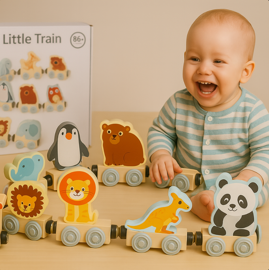 Child playing with a wooden toy train set featuring animal figures on a beige surface.