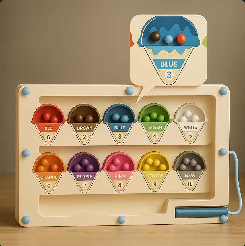 Color sorting toy with labeled bins on a wooden surface