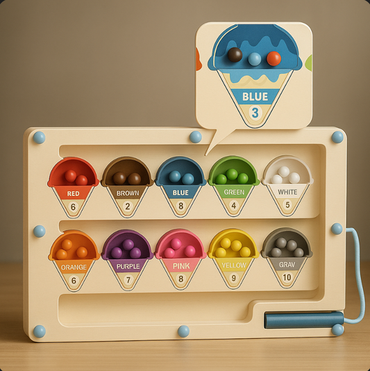 Color sorting toy with labeled bins on a wooden surface