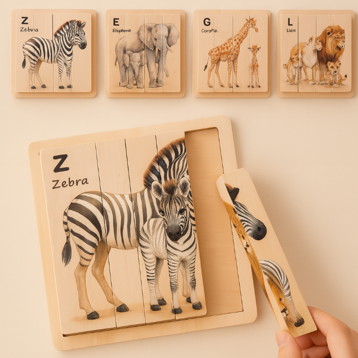 Wooden puzzle with zebra and educational cards on a light background