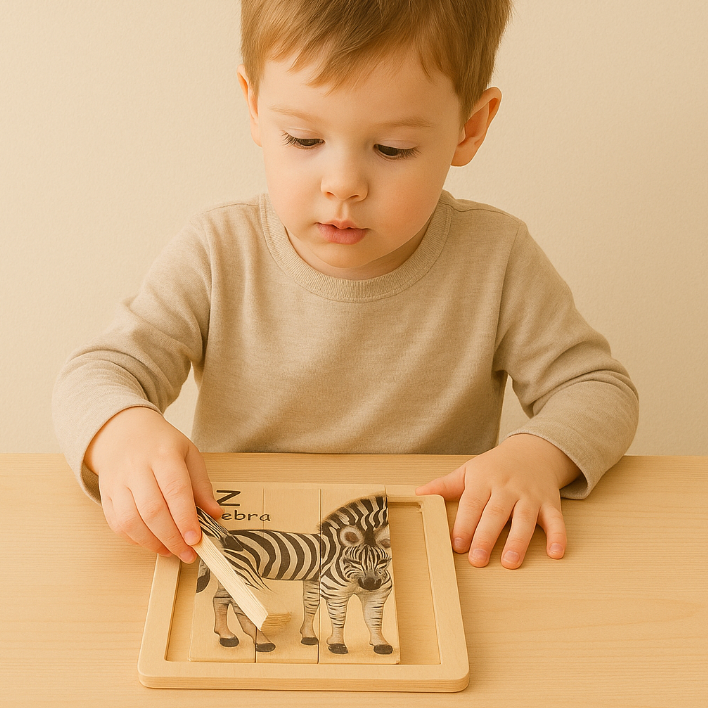 Child playing with a wooden puzzle of a zebra on a wooden table.