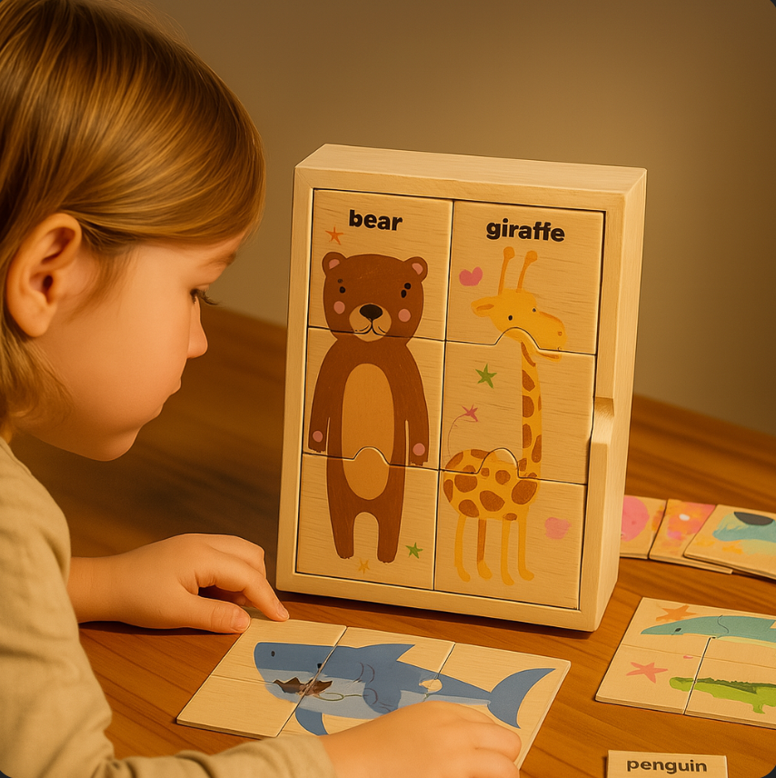 Child playing with a wooden puzzle featuring bear and giraffe illustrations on a wooden table.