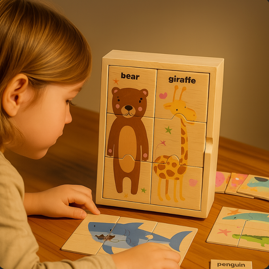 Child playing with a wooden puzzle featuring bear and giraffe illustrations on a wooden table.