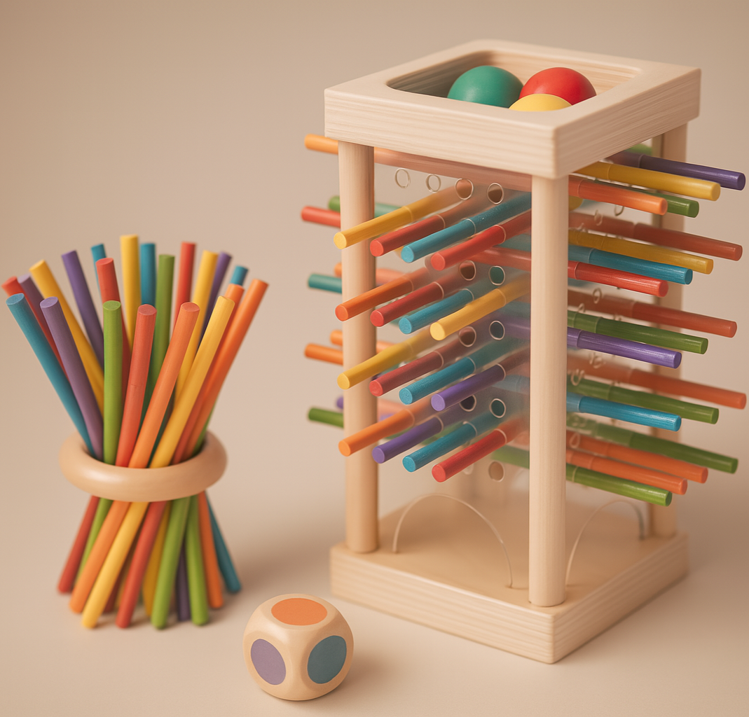 Colorful wooden toys including a cylindrical holder with straws and a tower with interlocking rings on a beige background.