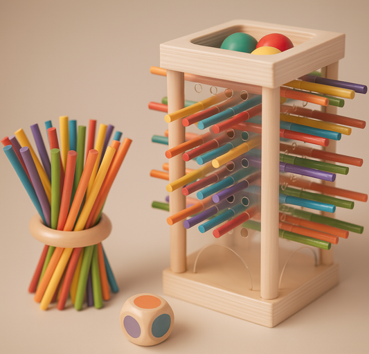 Colorful wooden toys including a cylindrical holder with straws and a tower with interlocking rings on a beige background.