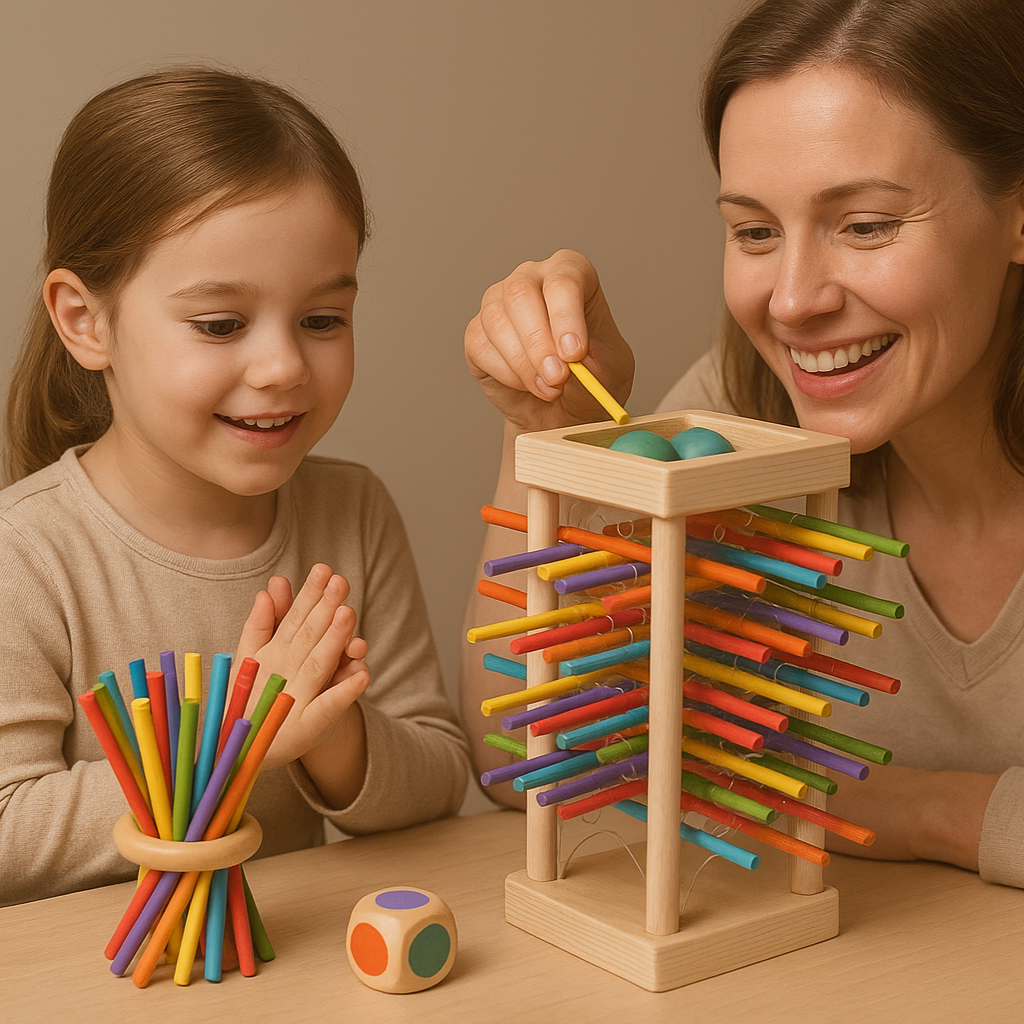 Woman and child playing with colorful wooden toys on a table.