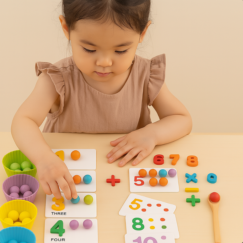 Child playing with educational math toys on a table