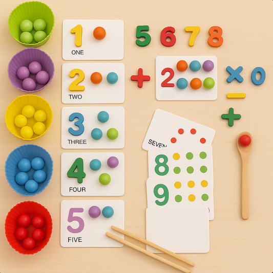 Educational math toys with numbers, bowls of colorful balls, and wooden sticks on a beige background