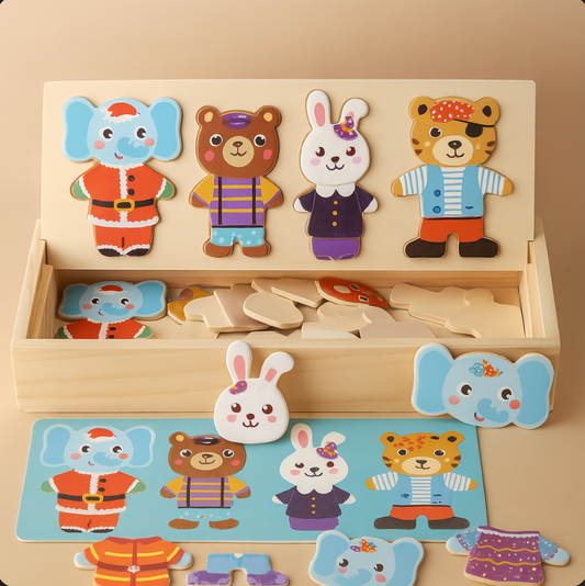 Wooden puzzle with animal characters in costumes on a beige background