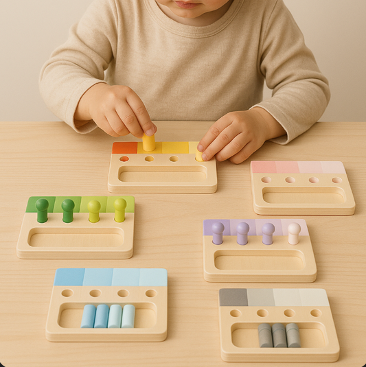 Child playing with a set of wooden educational toys on a table.
