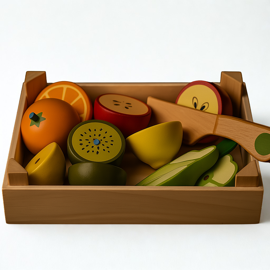 Set of toy fruits and vegetables in a wooden box on a white background