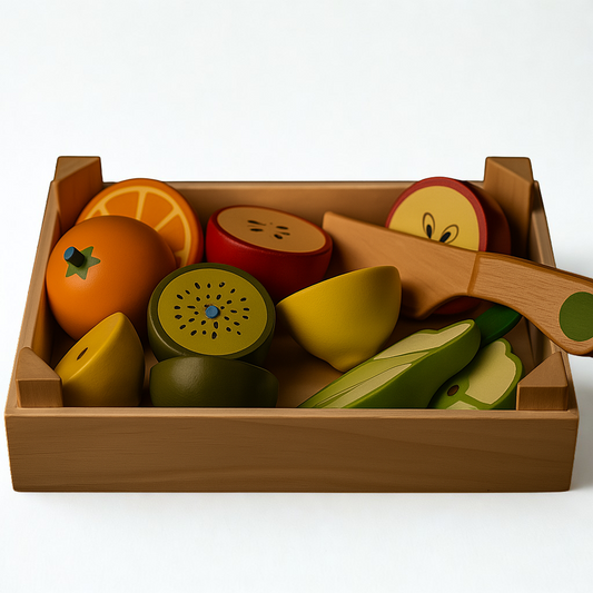 Set of toy fruits and vegetables in a wooden box on a white background