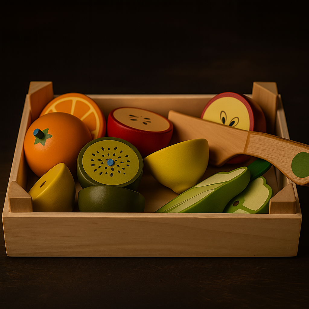Set of toy fruits and vegetables in a wooden box on a dark background