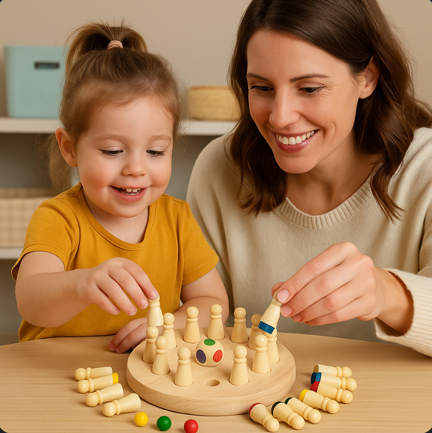 Woman and child playing with wooden chess pieces on a table