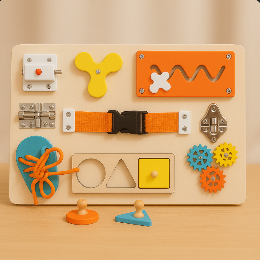 Wooden educational toy with various shapes and mechanisms on a beige background