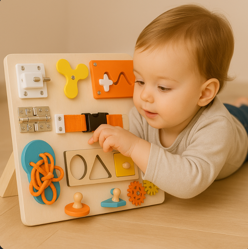Child playing with a wooden activity board featuring various shapes and textures.