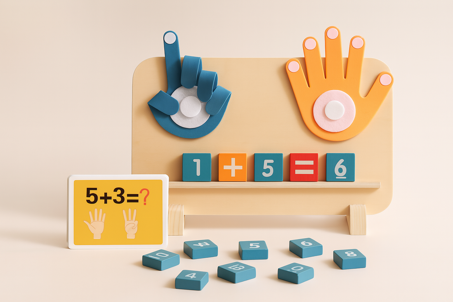 Educational toy with number blocks and a question card on a beige background