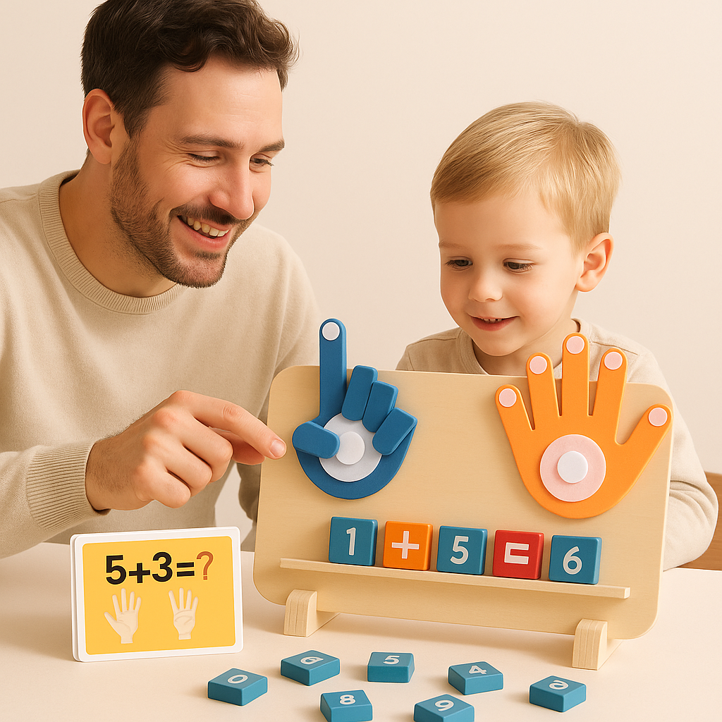 Man and child playing with a educational toy that teaches numbers and hand movements.